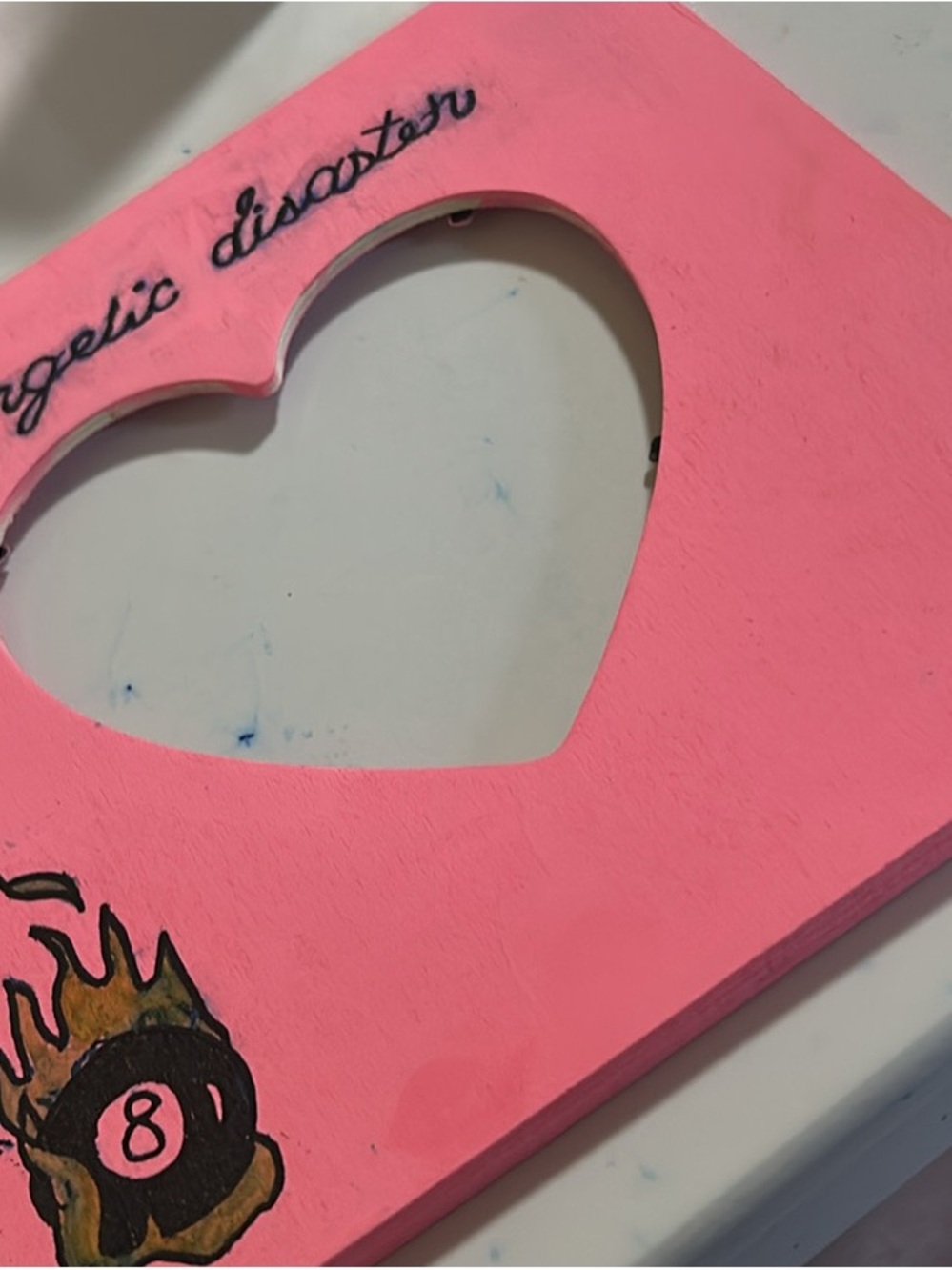 Pink Heart Photo Frame with Hand-Painted 8 Ball Flame Accent